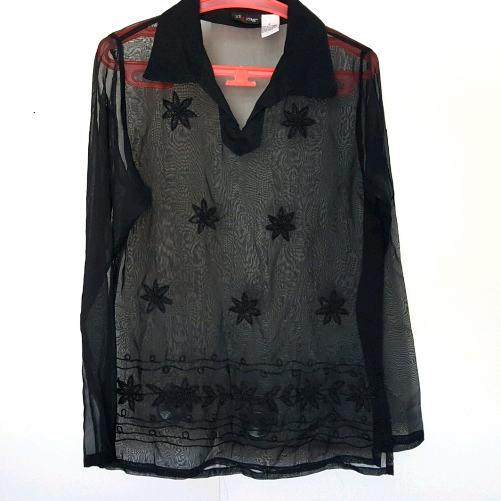 VINTAGE sheer Embroidered tunic long top shirt